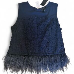 NWT Greylin Anthropologie Navy Lace Feather Trim Top Romantic Chic M